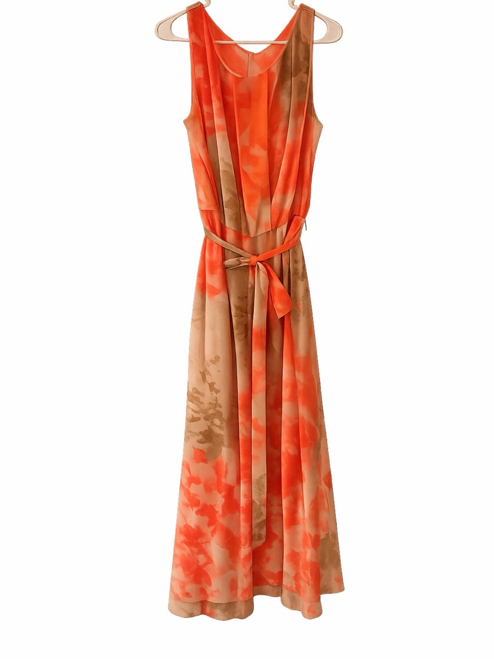 Flowy Orange & Tan Floral Maxi Dress with Tie Waist